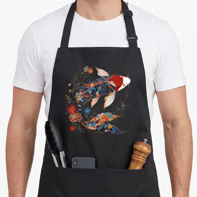 Tablier de cuisine noir avec illustration colorée d'une carpe Koi entourée de fleurs japonaises rouges et bleues.