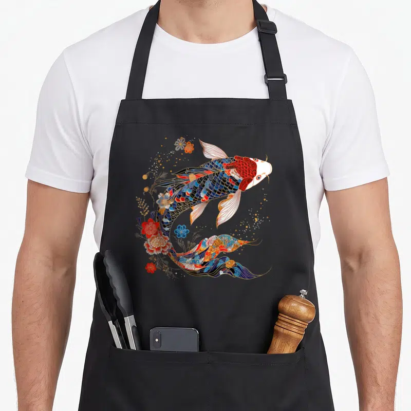 Tablier de cuisine noir avec illustration colorée d'une carpe Koi entourée de fleurs japonaises rouges et bleues.