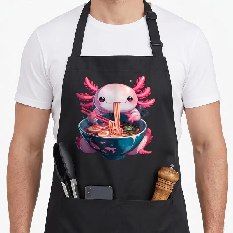 Tablier de cuisine noir avec illustration d'un axolotl rose mangeant du ramen dans un bol bleu.