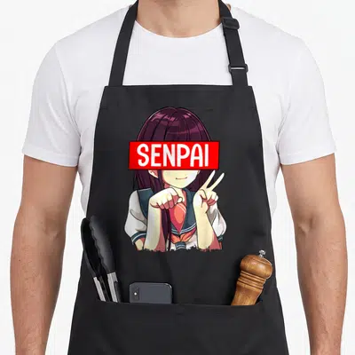 Tablier de cuisine noir avec une illustration de fille manga et le mot Senpai en lettres blanches sur fond rouge.