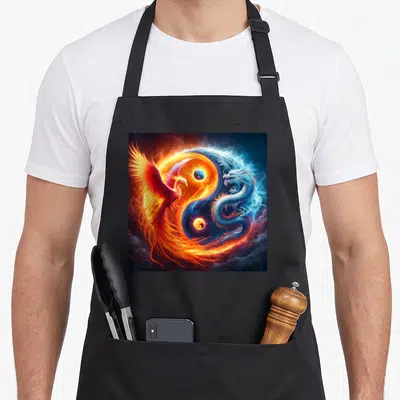 Tablier de cuisine noir avec illustration d'un Phénix et d'un Dragon Japonais formant un cercle Yin et Yang aux couleurs vives.