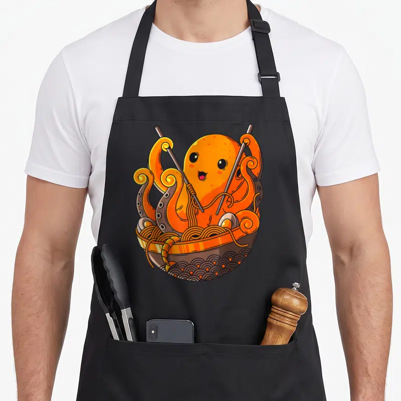 Tablier de cuisine noir avec illustration d'un poulpe orange mangeant des nouilles ramen avec des baguettes dans un bol décoré.