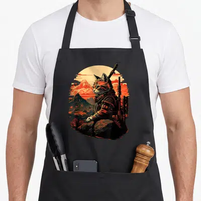 Tablier de cuisine noir avec illustration d'un chat de samouraï japonais devant des montagnes et un soleil couchant orange.