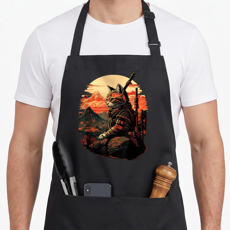Tablier de cuisine noir avec illustration d'un chat de samouraï japonais devant des montagnes et un soleil couchant orange.