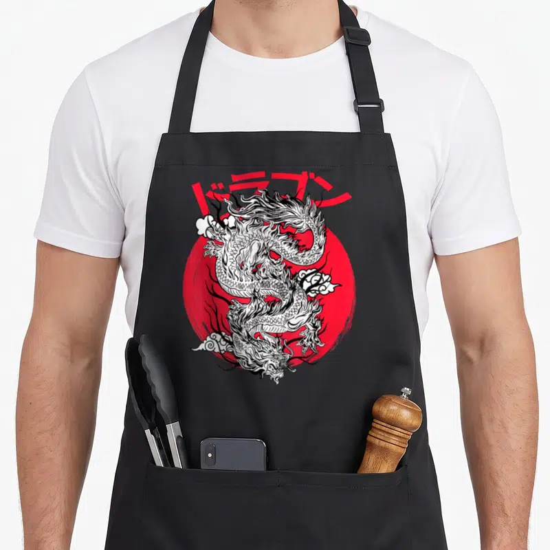 Tablier de cuisine noir avec dragon japonais blanc et cercle rouge stylisé