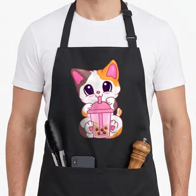 Tablier de cuisine noir avec illustration d'un chat tricoloretenant une boisson boba rose à la paille.