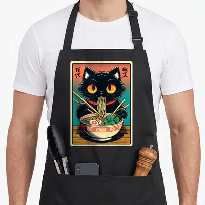 Tablier de cuisine noir avec illustration d'un chat noir mangeant des nouilles de ramen avec des baguettes dans un bol décoré.