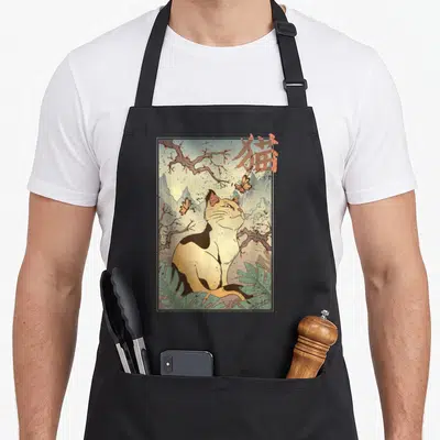 Tablier de cuisine noir avec illustration d'un chat tricolore assis sous des branches et le caractère chinois en haut à droite.