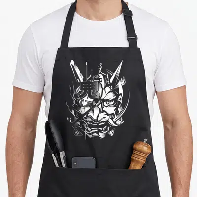 Tablier de cuisine noir avec illustration blanche d'un Oni Cyberpunk Samouraï aux traits agressifs et éléments géométriques.