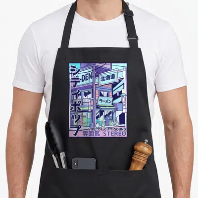 Tablier de cuisine noir avec illustration d'une rue japonaise aux couleurs pastel et enseignes en idéogrammes.