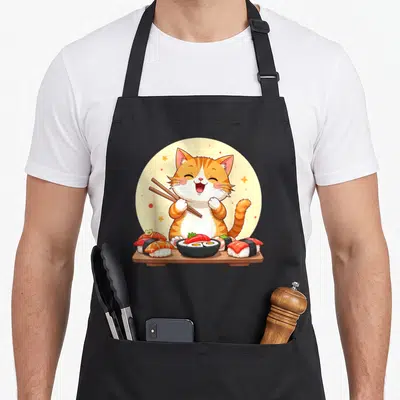 Tablier de cuisine noir avec illustration d'un chat orange mangeant du sushi avec des baguettes sur une planche en bois.