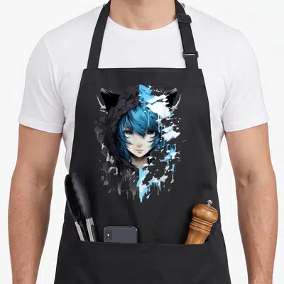 Tablier de cuisine noir avec portrait anime femme hood bleu et oreilles de chat style peinture abstraite