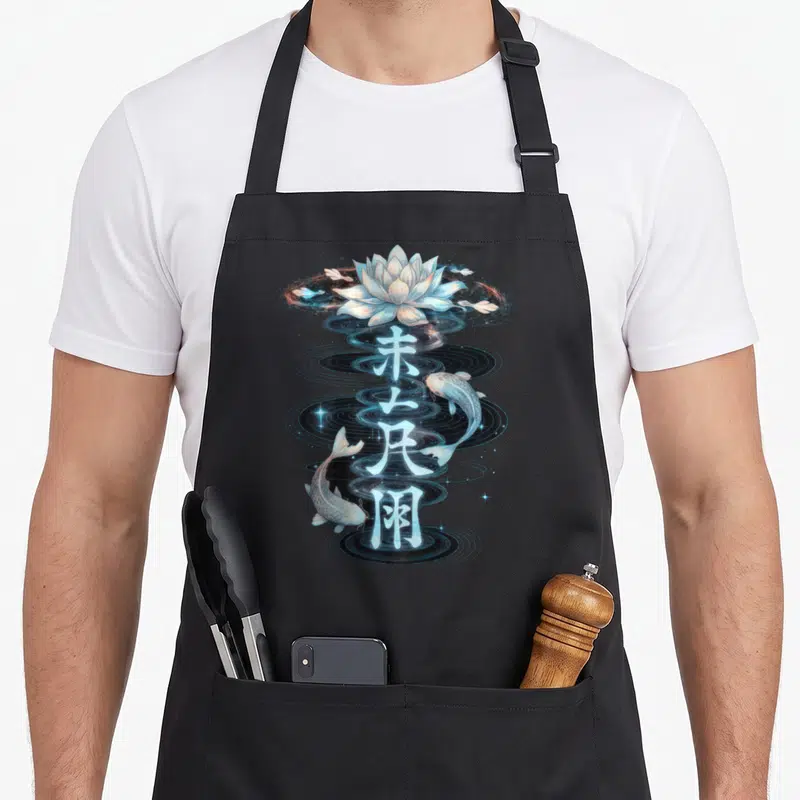 Tablier de cuisine noir avec illustration de carpes koi, lotus blanc et caractères japonais lumineux sur des vagues.