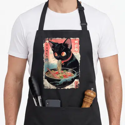 Tablier de cuisine noir avec illustration d'un chat noir mangeant des nouilles ramen au style manga y2k rétro.