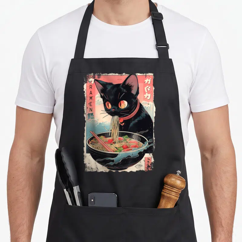Tablier de cuisine noir avec illustration d'un chat noir mangeant des nouilles ramen au style manga y2k rétro.