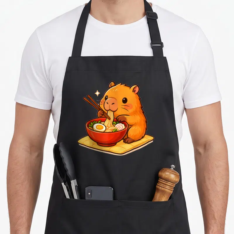Tablier de cuisine noir avec illustration d'une capybara mangeant des nouilles ramen avec des baguettes.
