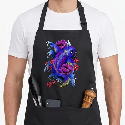 Tablier de cuisine noir avec un poisson koi violet et des fleurs rouges stylisées.