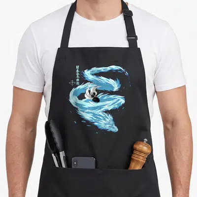 Tablier de cuisine noir avec Toshiro Hitsugaya et son dragon de glace bleu, motifs japonais et symbole diamant.