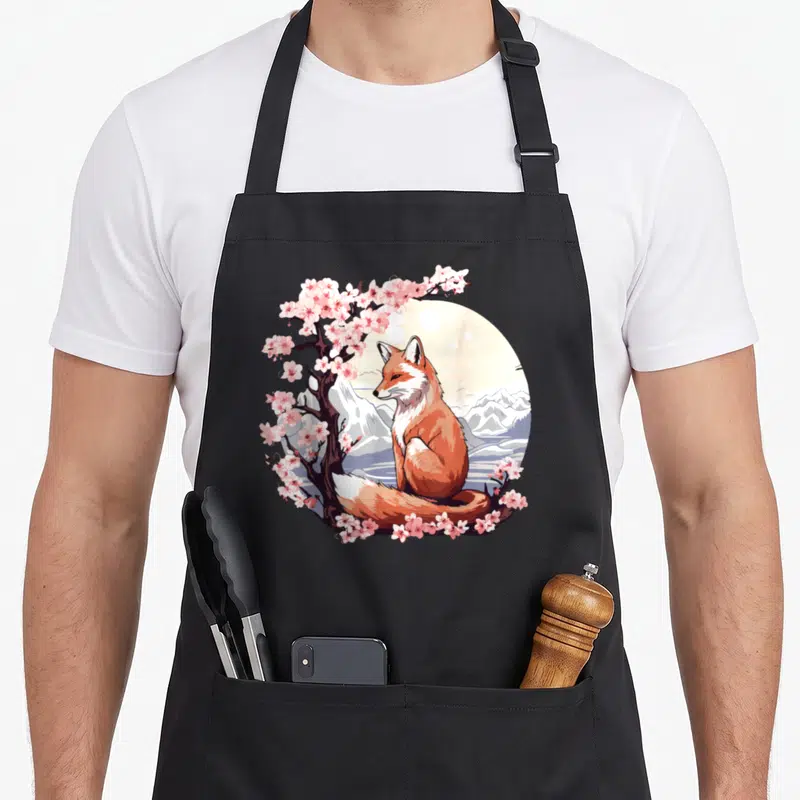 Tablier de cuisine noir avec illustration d'un renard orange sous un cerisier rose en fleurs sur fond de montagnes.