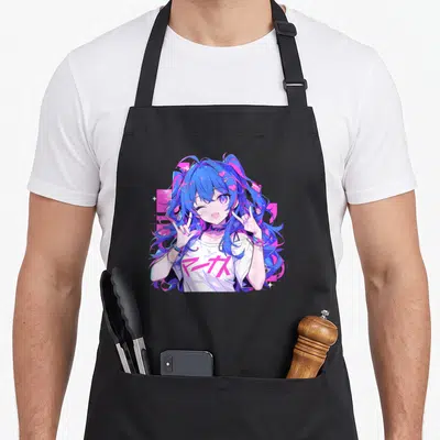 Tablier de cuisine noir avec une illustration colorée d'une fille anime aux cheveux bleus et roses faisant des signes de paix.
