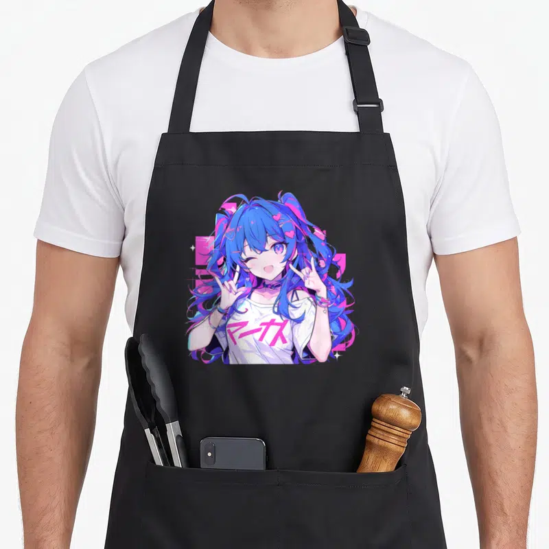 Tablier de cuisine noir avec une illustration colorée d'une fille anime aux cheveux bleus et roses faisant des signes de paix.