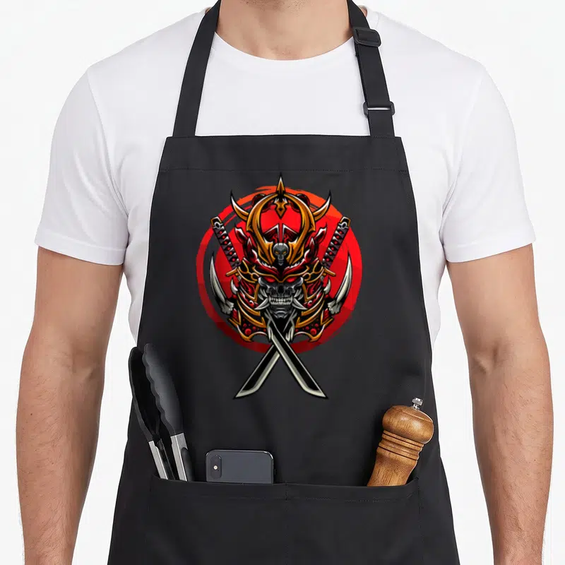 Tablier de cuisine noir avec illustration d'un casque de samouraï au crâne de démon et deux épées Katana croisées sur fond rouge.