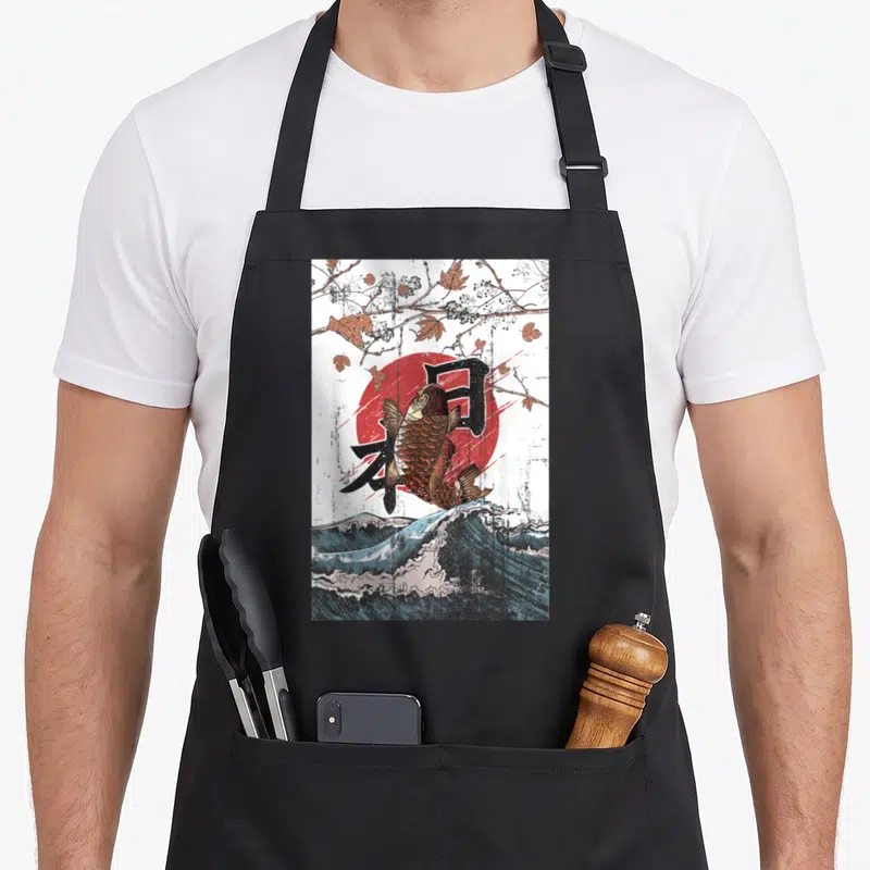 Tablier de cuisine noir avec illustration d'un koi sautant sur une vague devant le soleil rouge et des branches d'automne.