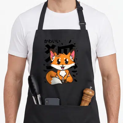 Tablier de cuisine noir avec un renard orange mignon de style kawaii et des caractères japonais en arrière-plan.