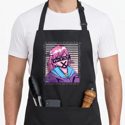 Tablier de cuisine noir avec illustration anime girl rose, texte et lignes de distorsion numérique sur fond gris.