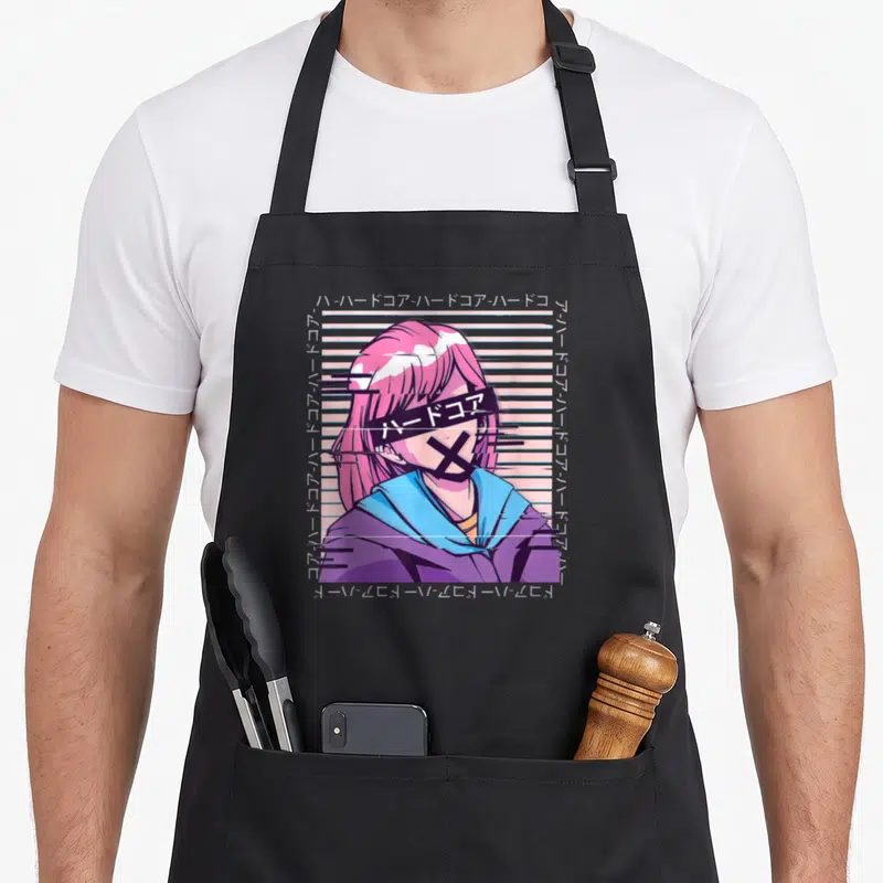 Tablier de cuisine noir avec illustration anime girl rose, texte et lignes de distorsion numérique sur fond gris.