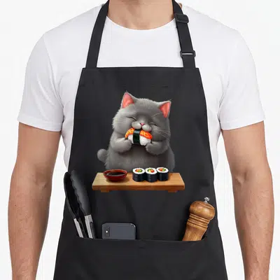 Tablier de cuisine noir avec un chat gris kawaii mangeant un sushi sur une planche en bois.