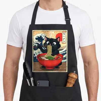 Tablier de cuisine noir avec illustration chat noir mangeant du ramen devant un flot bleu et un soleil rouge.