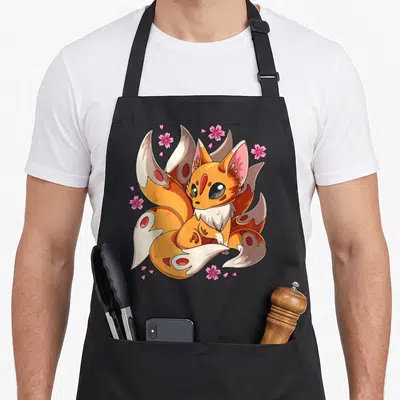 Tablier de cuisine noir avec illustration d'un renard kawaii à neuf queues et fleurs de sakura roses dispersées.