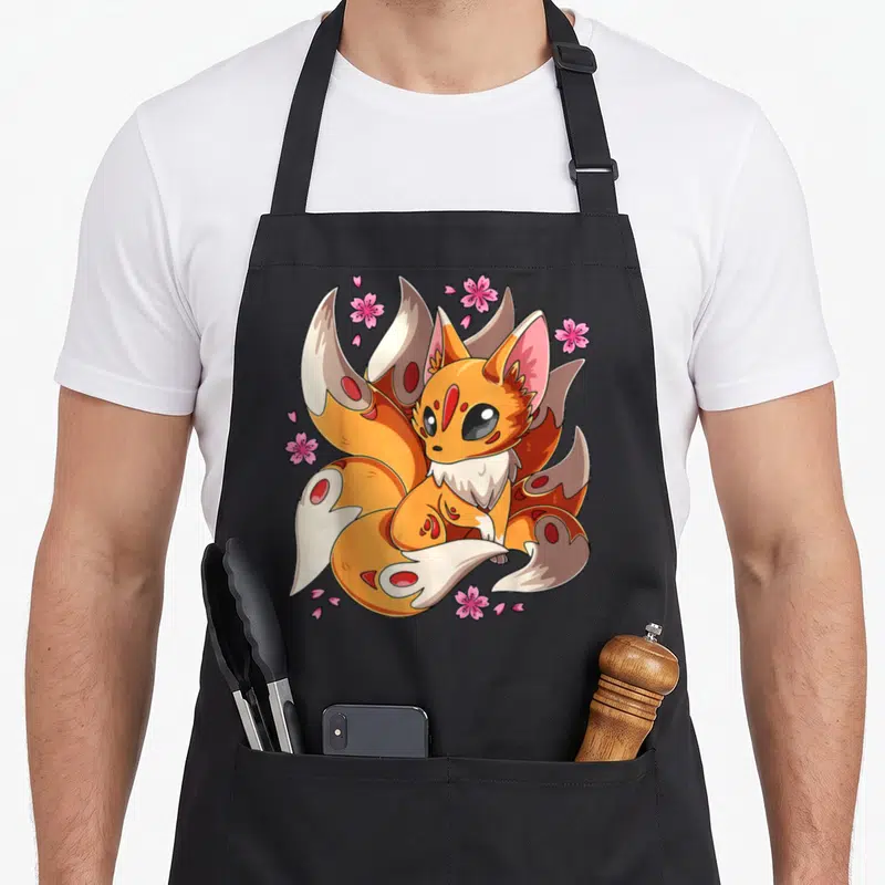 Tablier de cuisine noir avec illustration d'un renard kawaii à neuf queues et fleurs de sakura roses dispersées.
