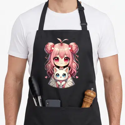 Tablier de cuisine noir avec une fille aux cheveux roses et un chat blanc mtenant un cœur dans un style kawaii manga.
