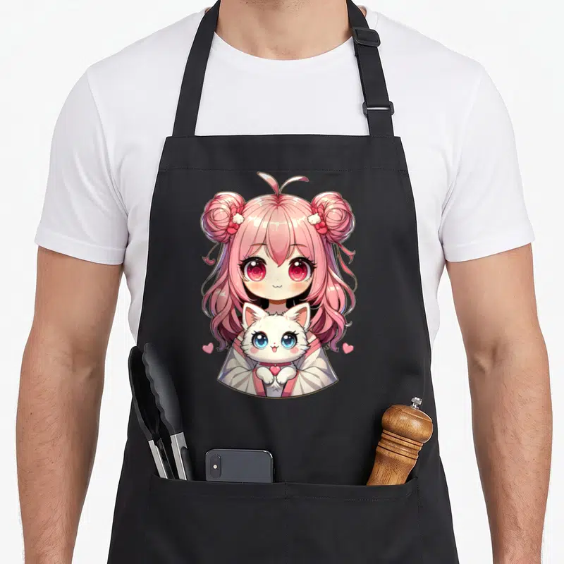 Tablier de cuisine noir avec une fille aux cheveux roses et un chat blanc mtenant un cœur dans un style kawaii manga.