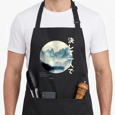 Tablier de cuisine noir avec motif circulaire paysage encre japonaise, hiragana, katakana et oiseaux blancs.