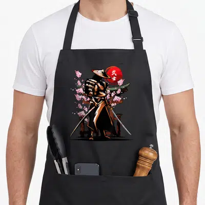 Tablier de cuisine noir avec illustration d'un samouraï japonais tenant une katana sous des fleurs de sakura devant un portail torii.