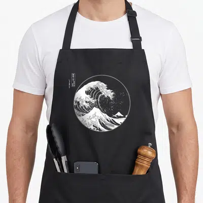 Tablier de cuisine noir avec une estampe circulaire blanche représentant La grande vague de Kanagawa et le mont Fuji.
