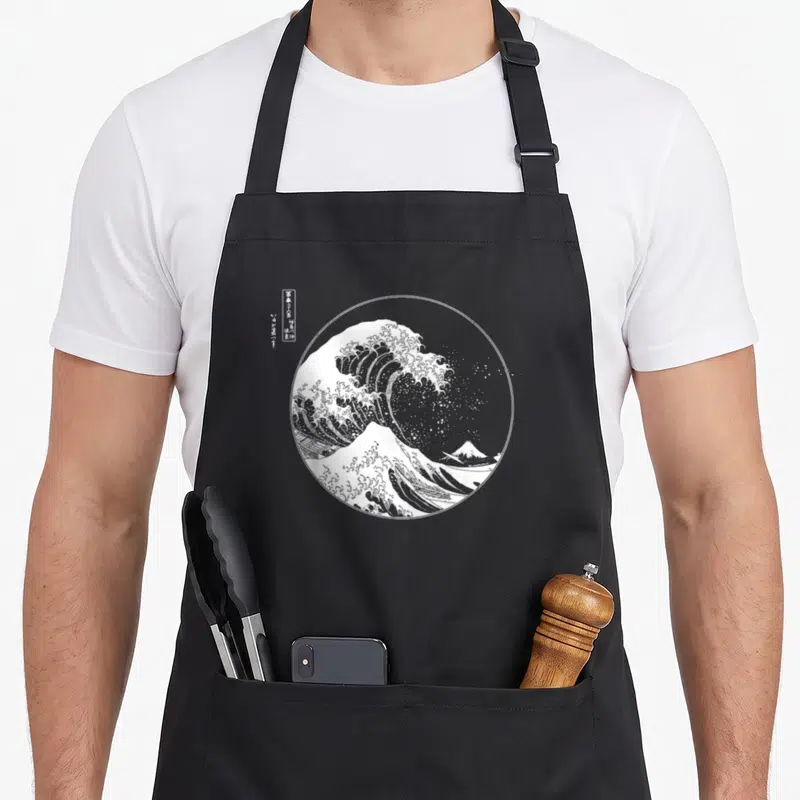 Tablier de cuisine noir avec une estampe circulaire blanche représentant La grande vague de Kanagawa et le mont Fuji.