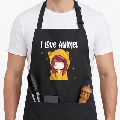 Tablier de cuisine noir avec illustration d'une fille en capuche de chat jaune et texte blanc i love anime entouré de petites croix oranges.
