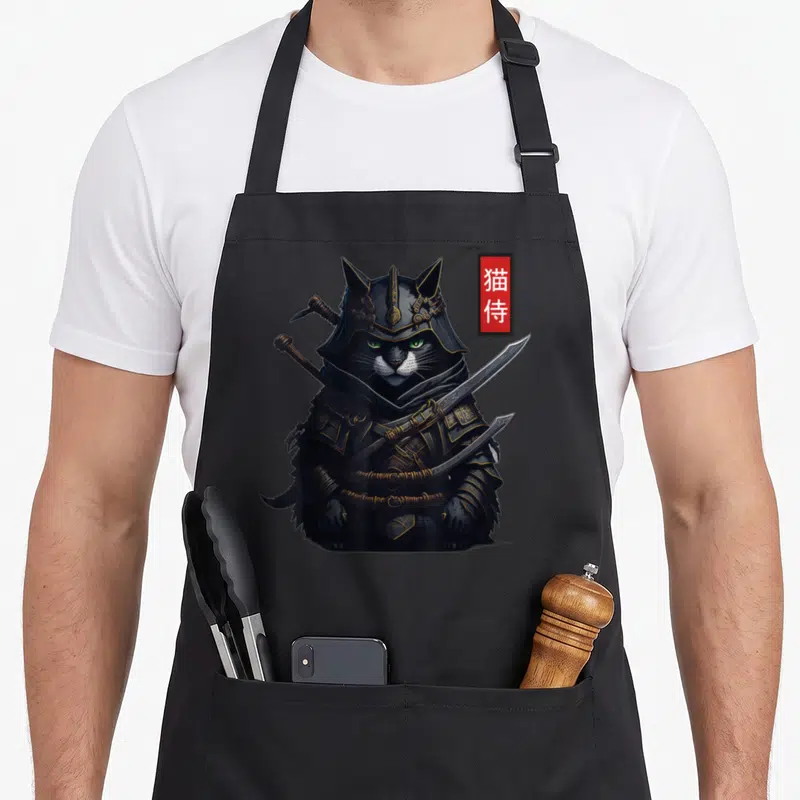 Tablier de cuisine noir avec illustration d'un chat ninja samouraï kawaii armé d'une katana et portant un casque traditionnel.