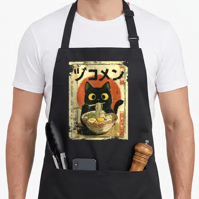 Tablier de cuisine noir avec illustration vintage d'un chat noir mangeant des nouilles ramen devant un soleil rouge.