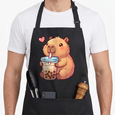 Tablier de cuisine noir avec illustration d'un capybaratenant une boisson au thé aux perles.