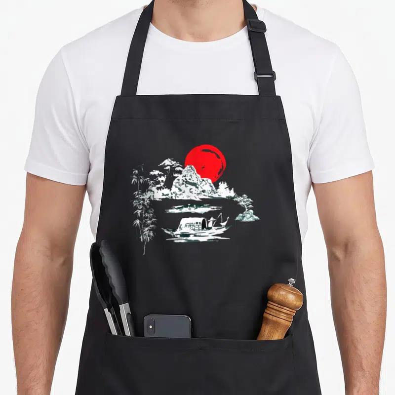 Tablier de cuisine noir avec illustration paysage japonais, soleil rouge, montagne, bateau et tiges de bambou.