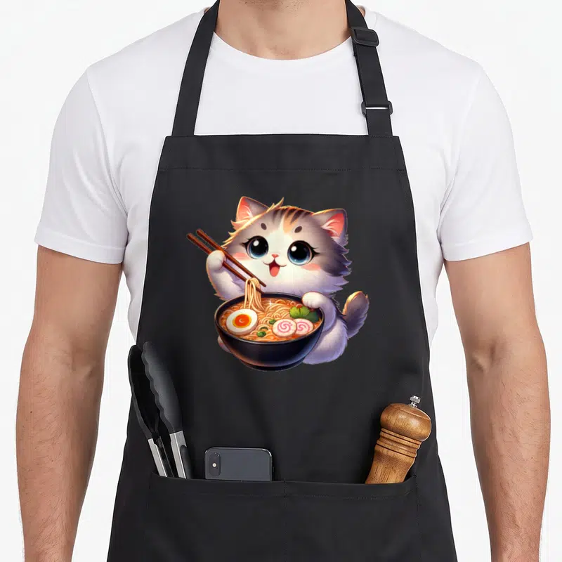 Tablier de cuisine noir avec illustration d'un chat mangeant des nouilles ramen avec des baguettes.