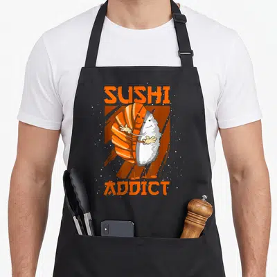 Tablier de cuisine noir avec illustration d'un saumon et de riz s'embrassant sous le texte Sushi Addict en orange.