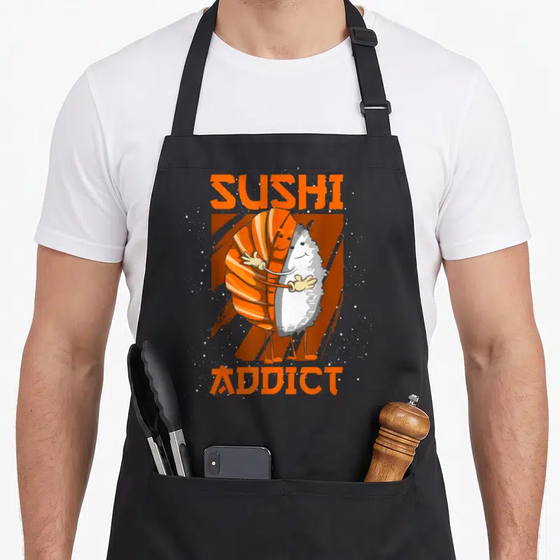 Tablier de cuisine noir avec illustration d'un saumon et de riz s'embrassant sous le texte Sushi Addict en orange.