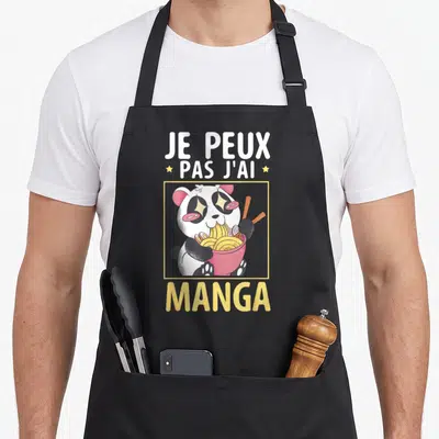 Tablier de cuisine noir avec un panda kawaii aux yeux en étoiles mangeant des nouilles et le texte Je peux pas j'ai manga.
