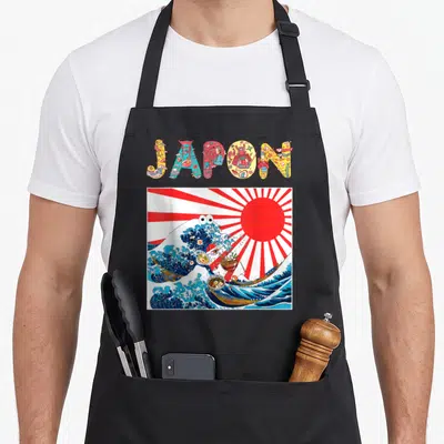 Tablier de cuisine noir avec illustration colorée du mot JAPON et d'une vague aux motifs de sushi japonais.